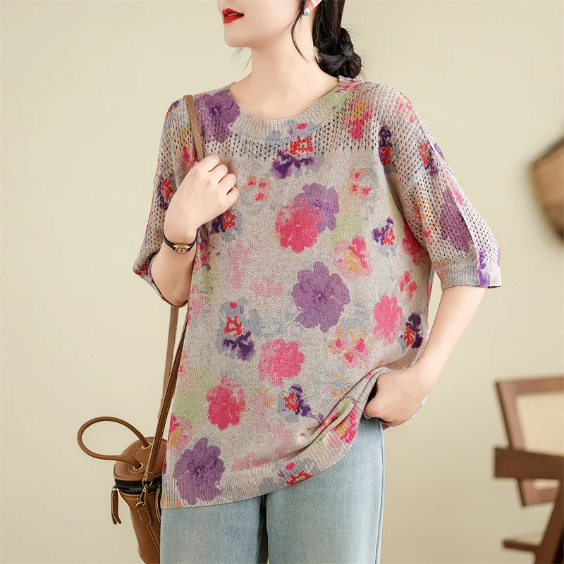 

Summer Knitted T Shirt Women Sweater Pullovers Clothes Women Quality Tees Top Short Sleeve Casual Floral print Women's T-shirt