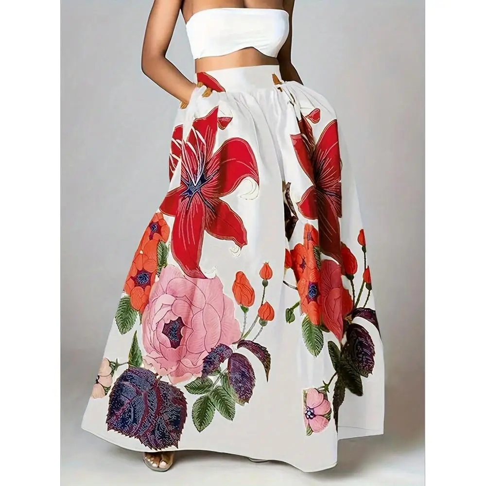 Vintage Random Floral Print Maxi Skirt Women High Waist A Line Flared Skirt With Pockets Summer Vacation Long Skirt
