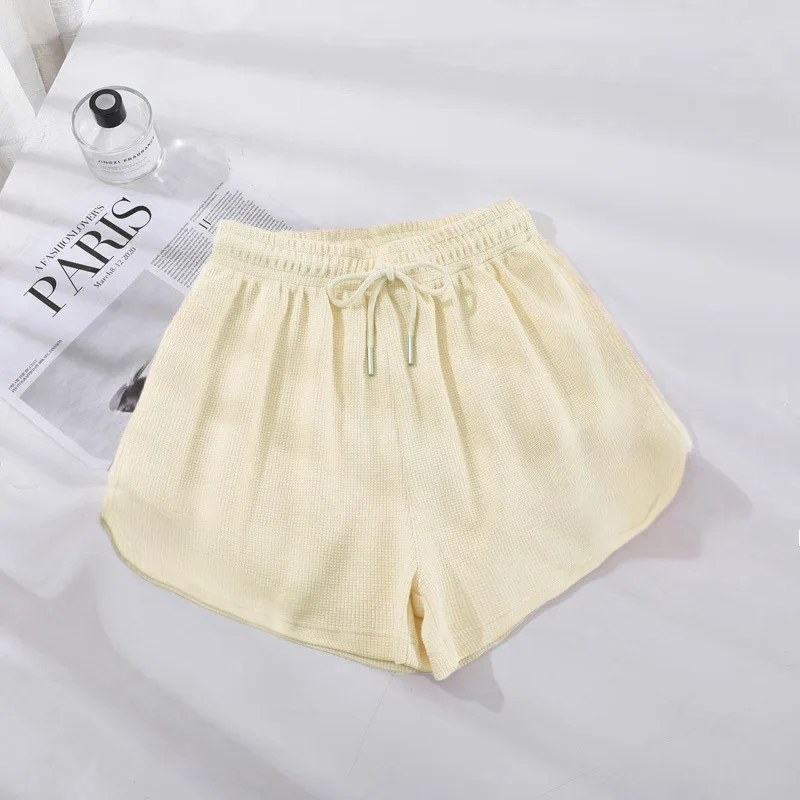 Pantaloncini, completo da migliore amico a vita alta con waffle da donna, sport per studenti, vestibilità ampia, dimagranti, pantaloni casual a gamba larga per la casa