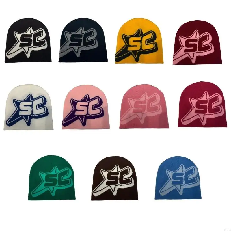 

P88A Teens Winter Beanie Elastic Windproof Hat with Letter Pattern Ear Protector Hat Winter Cycling Skiing Hiking Supplies