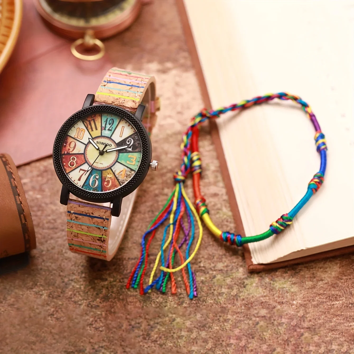 2026Ethnic Style Ladies Quartz Watch Colorful Cork Strap Matching Rainbow Tassel Bracelet Student Casual Jewelry Set