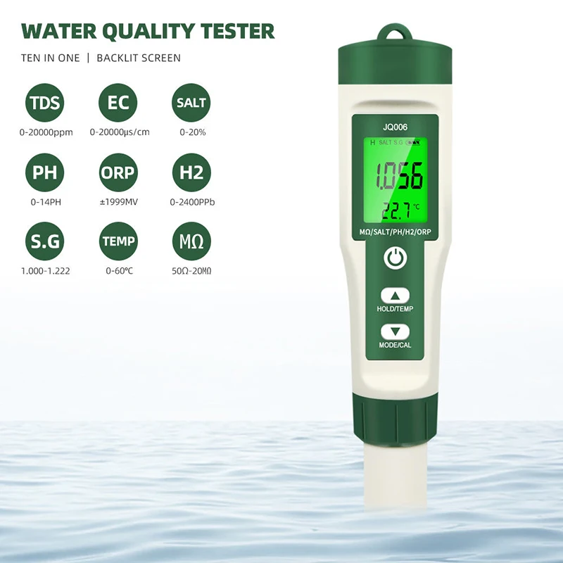 Water Tester 10 in 1 Resistivity Fertility  H2 pH TDS EC ORP S.G Salt/Temp Meter pH Meter  for Drinking,Hydroponics Pool