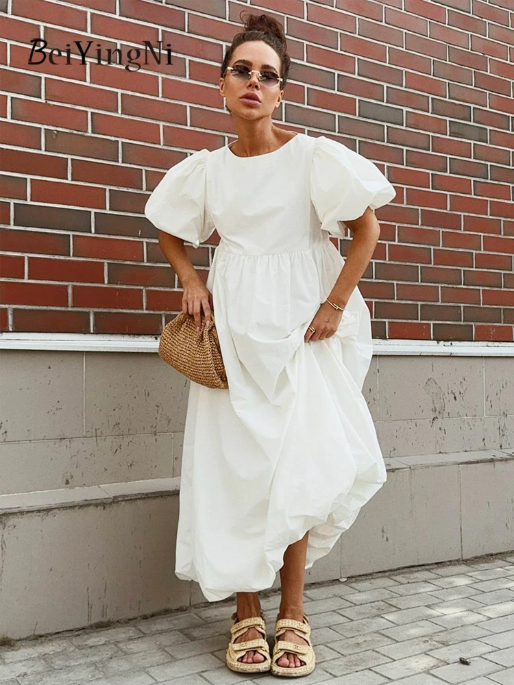 

Beiyingni Women O-neck Long Dresses Solid Color O-neck Short Sleeve Summer Casual Loose Dresses Woman's Cotton Fashion Vestidos