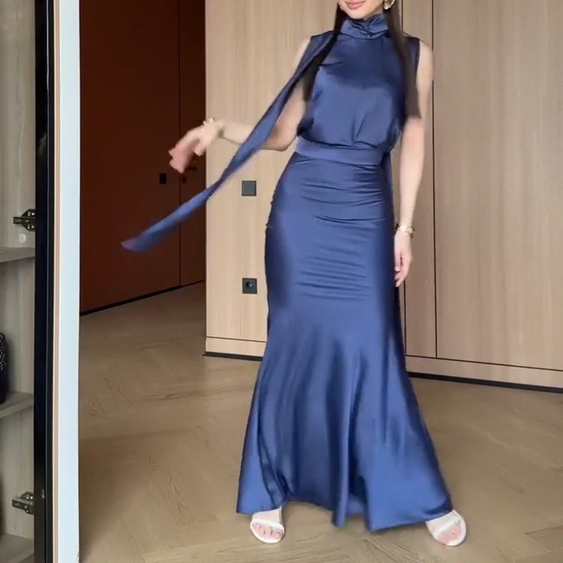 

Sexy Hanging Neck Sleeveless Top and Long Skirt Suit Lady Elegant High Waisted Party Outfit Simple Satin Slim Fit Two Piece Set