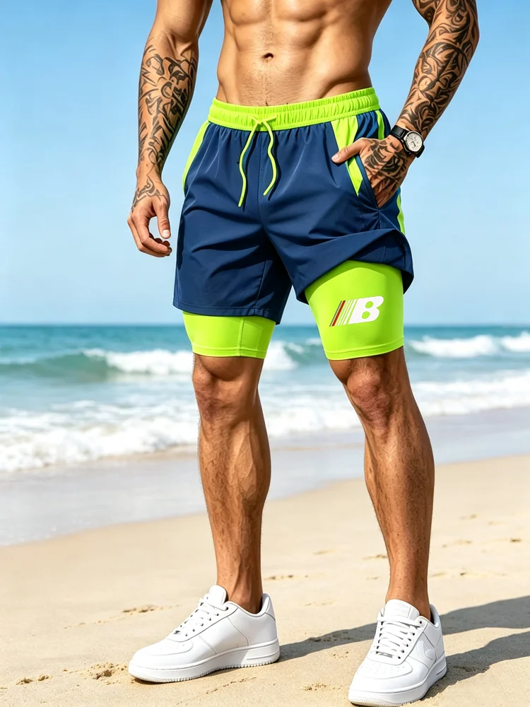 Men'S Two-In-One Quick-Dry Sports Shorts With Tether Double-Layer Swimming Trunks For Beach Surfing Shorts