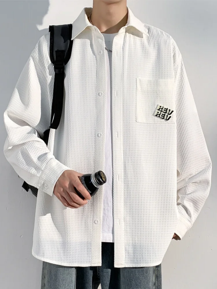 

White Casual irt Men's Long Sve Spring Autumn American Retro Sle Premium Feeling Wfle Outerwear Boy's Top