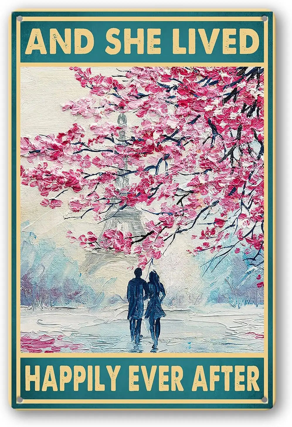 And She Lived Happily Ever After Sign Metal Tin Signs, Vintage Lovers Walking Under Flower Tree Art Poster Plaque Home Living Ro