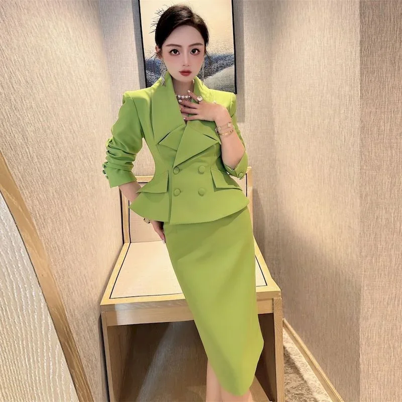 Insozkdg Casual Cutting Fashion Office Suit Double-breasted SLIM Blazer A Line Skirt Women Solid Color Two Piece Set for