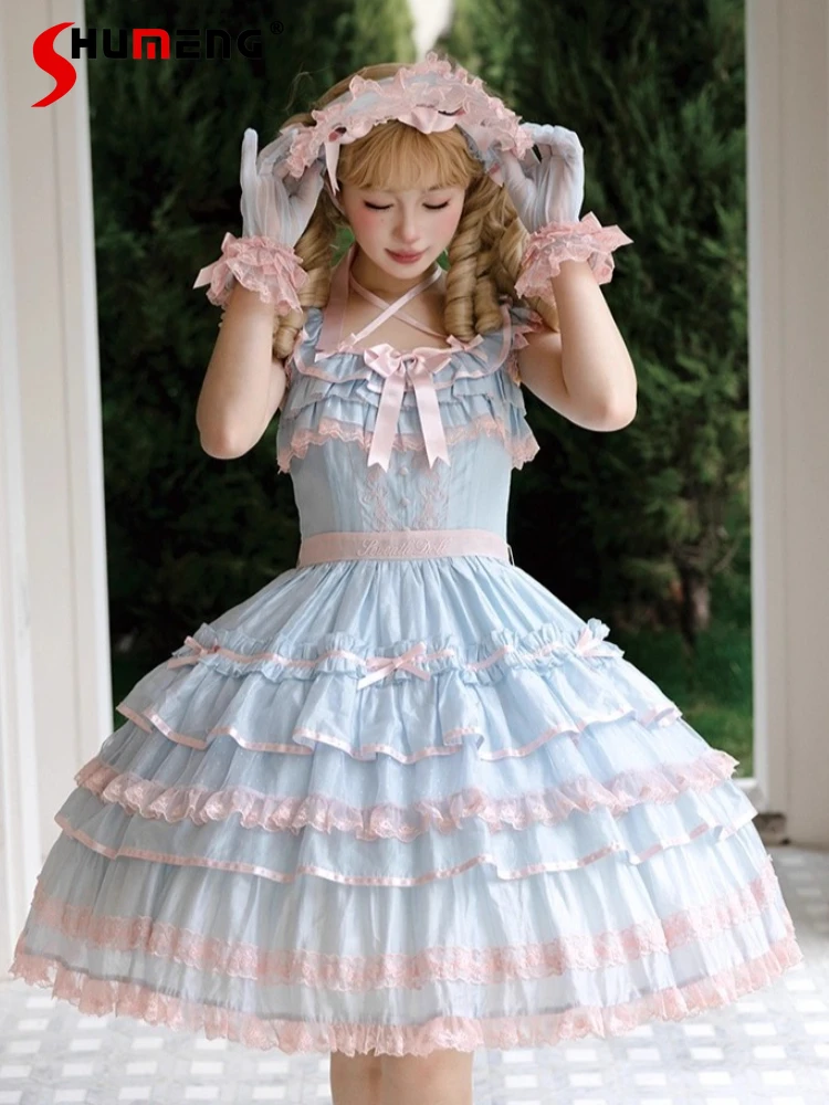 

French Court Style Retro Elegant Lolita Dresses JSK Girl's Slim Fit Cute Bow Lace Princess Dress Women's Sweet Birthday Dresses