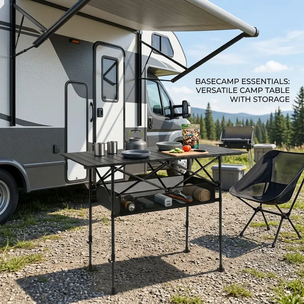 Aoran Adjustable Height Outdoor Folding Table, Portable Camping Table, Folding Picnic Table, Reinforced Stable Structure, Outdoor BBQ Table, Multi-Functional Travel Table, Beach Table, Camping Gear, Outdoor Essential, Home Balcony Table,