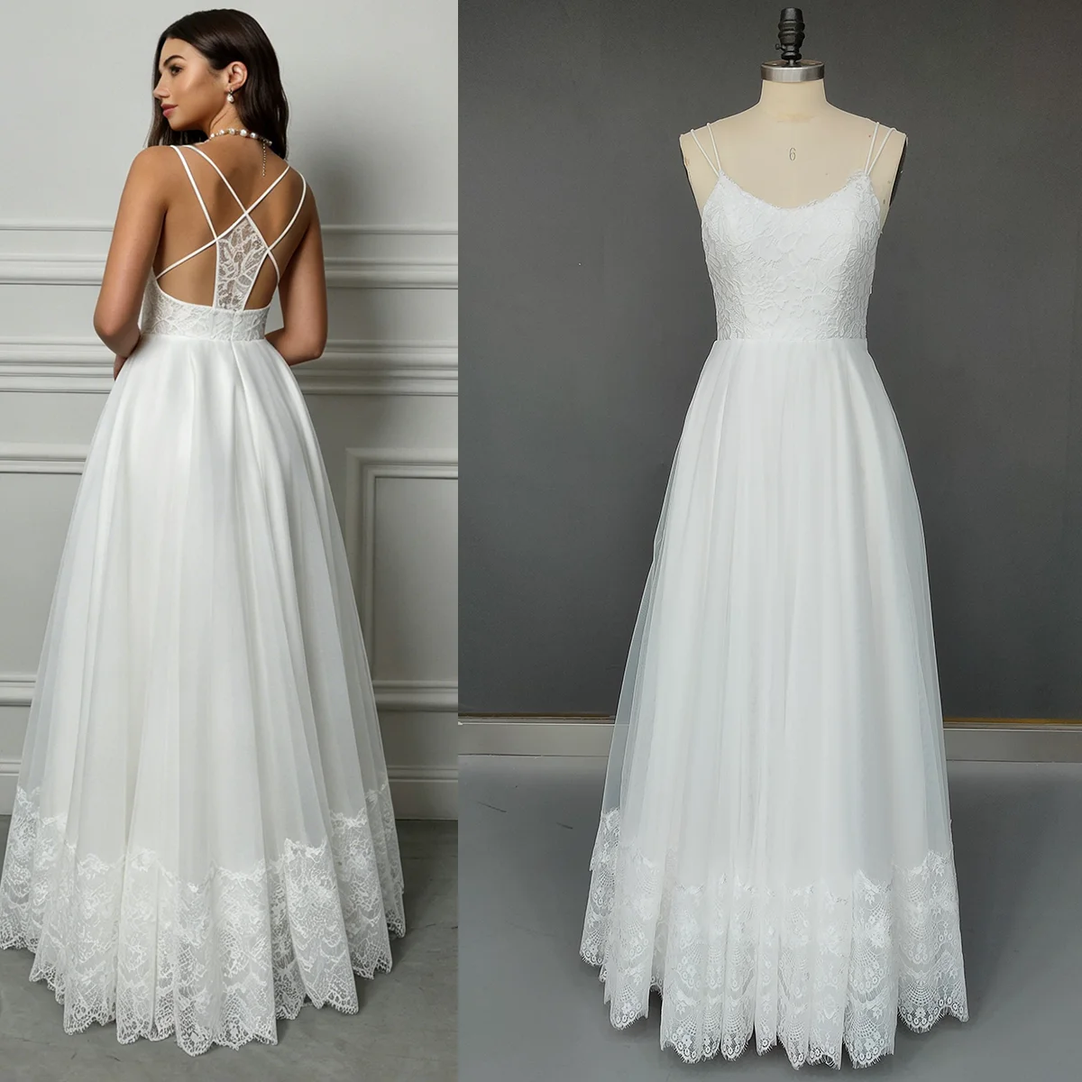 Spaghetti Straps Boho Reception Wedding Dress A Line Customized Big Size Sweetheart Ivory Tiered Lace Open Back Bridal Gowns