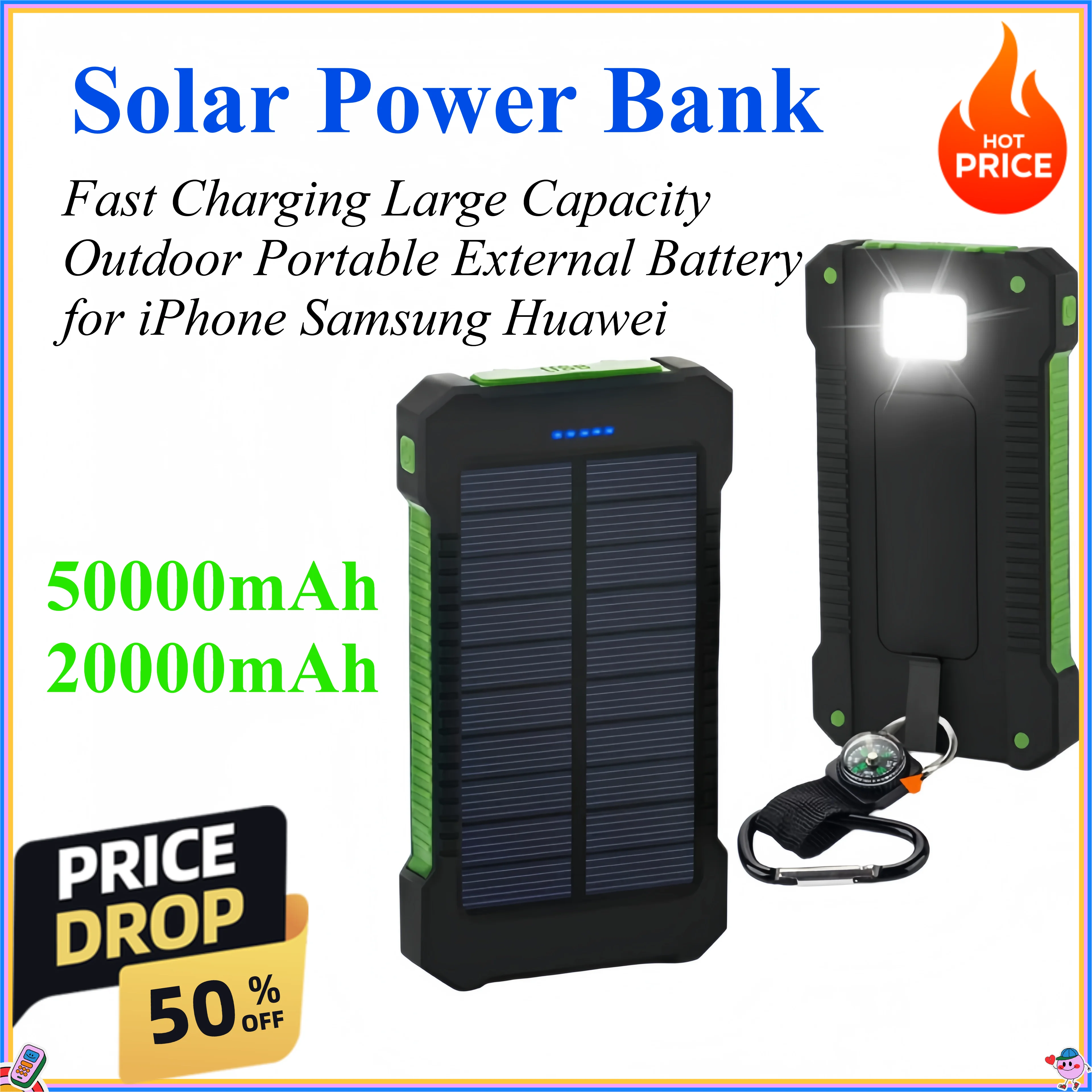 50000mAh 20000mAh Solar Power Bank Fast Charging Large Capacity Outdoor Portable External Battery for iPhone Samsung Huawei