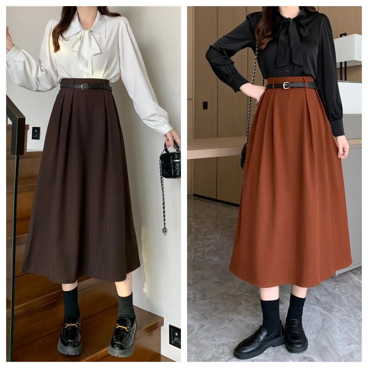 Plus Size Skirt Women 2024 Autumn Winter High Waist A Line Long Skirt With Belt Korean Style Pleated Maxi Skirts Womens Hot Sale