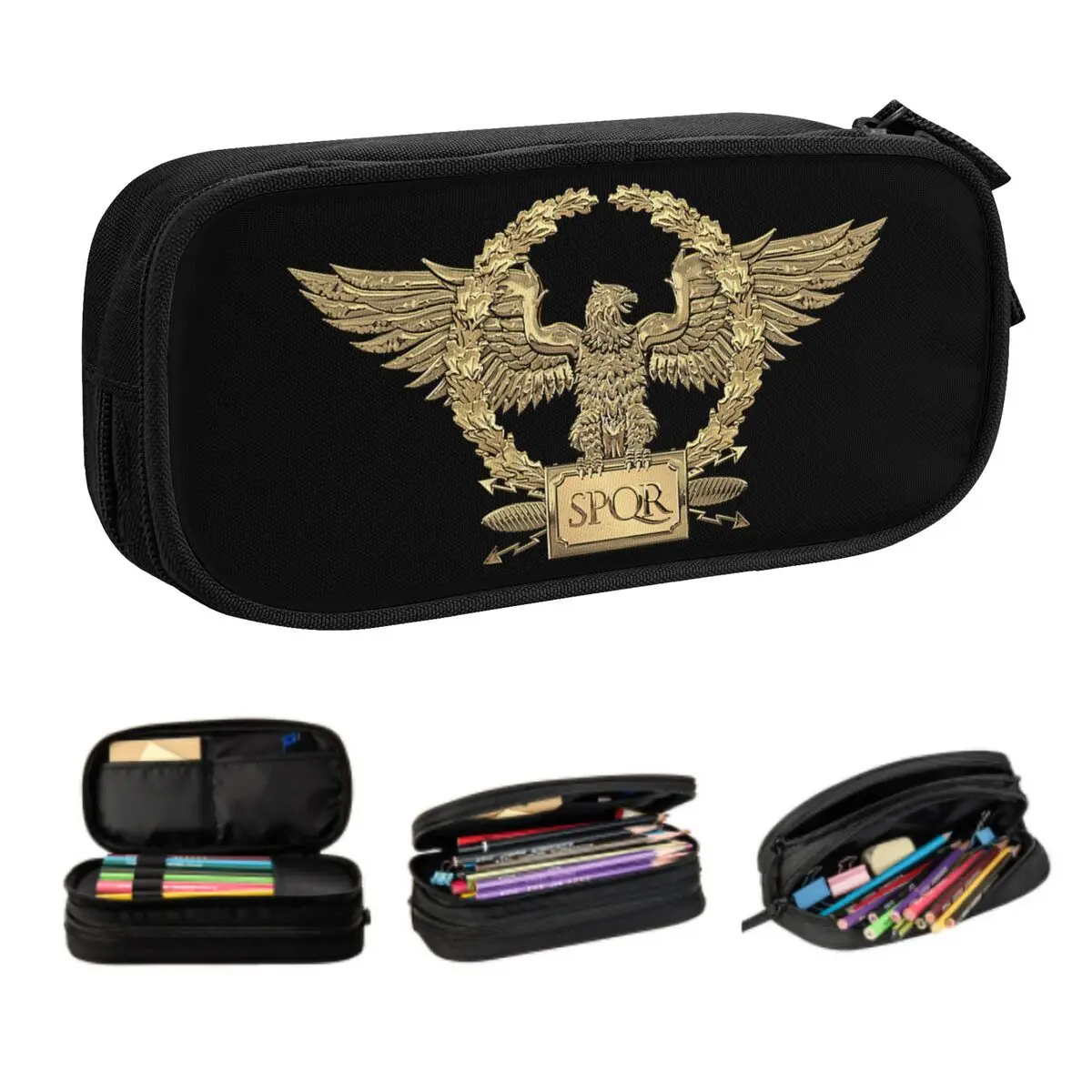 Kawaii Custom Gold SPQR Roman Imperial Eagle Pencil Case for Girls Boys Large Storage Pen Box Bag Stationery