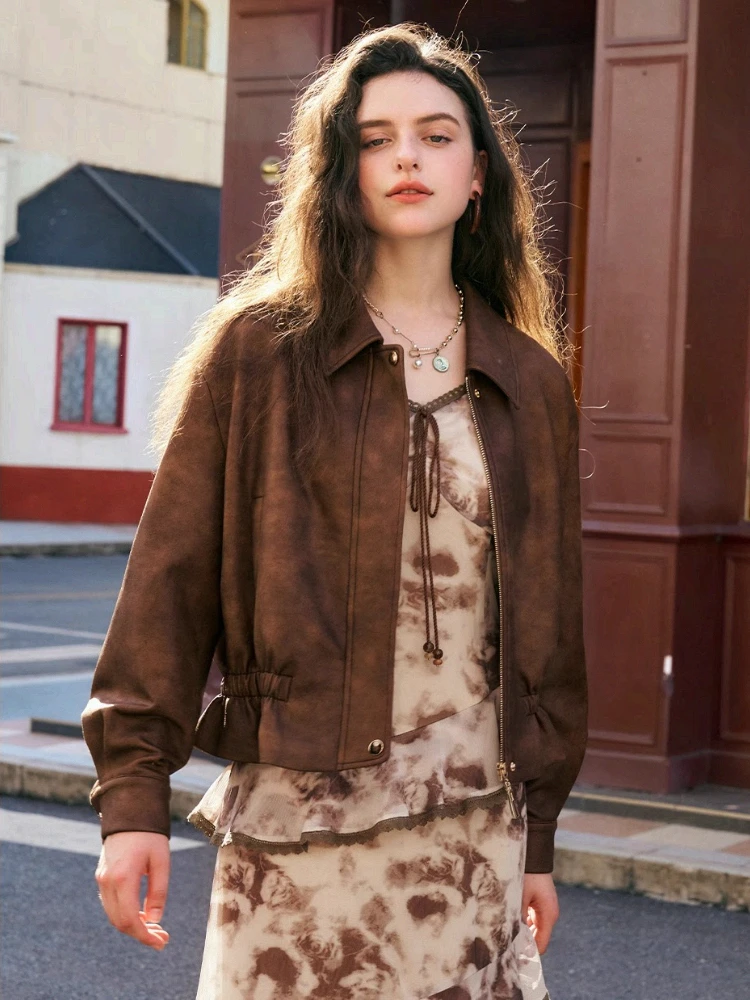 OLrain Amerikanische Retro-Stil Wildleder Jacke Frauen 2025, Herbst Mode Lose Kurze Mantel Zipper Dropped Schulter Mantel GO57QW93558
