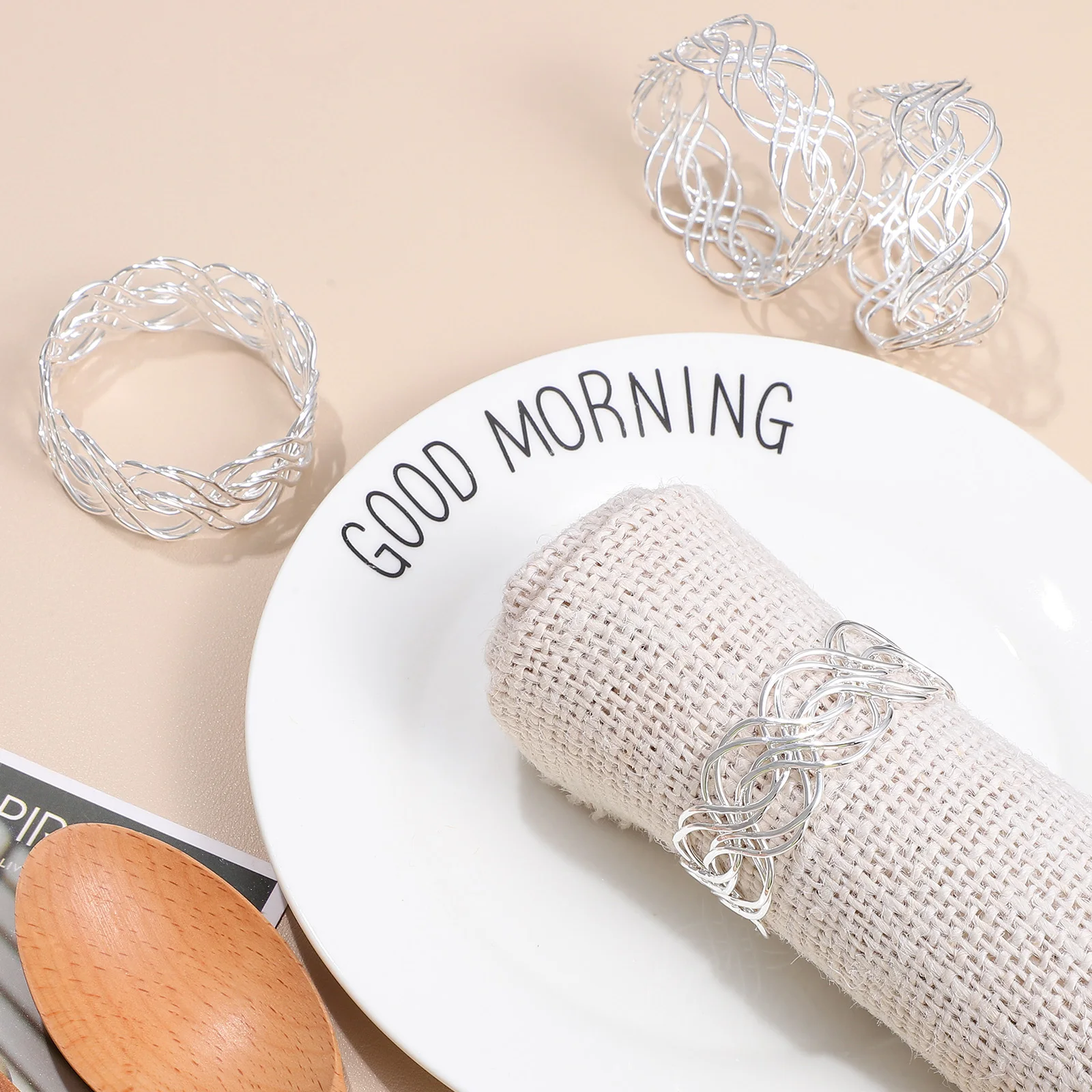 

6 Pcs Napkin Rings Metal H Woven Rust Proof Smooth Shiny Unique Shape Irregular Weaving Tissue Ring Elegant Table Decorations