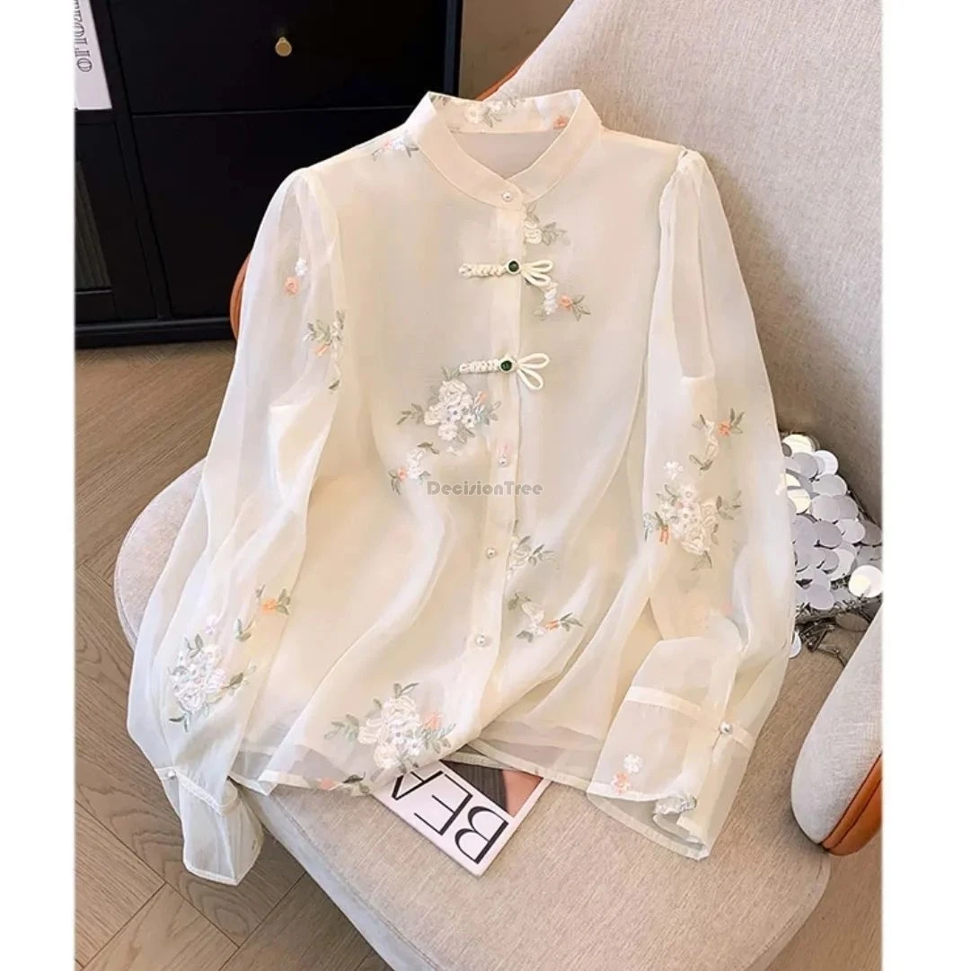 2025 new chinese style embroidery chiffon shirt spring/summer women long sleeve elehgant cheongsam button tang suit shirt top