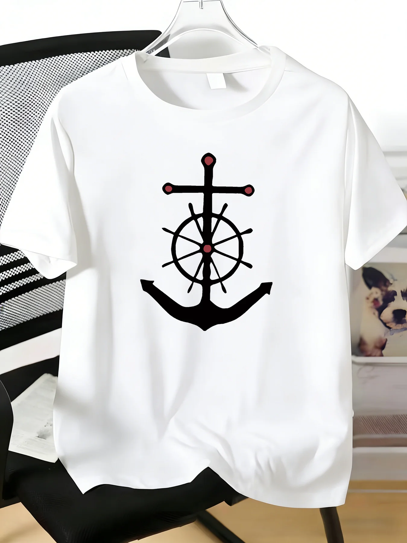 Anchor Wheel Cross Marine Graphic Mens Cotton Crew Neck Short Sleeve Loose Summer Male Casual Tee Nautical Sailor Daily Wear Top