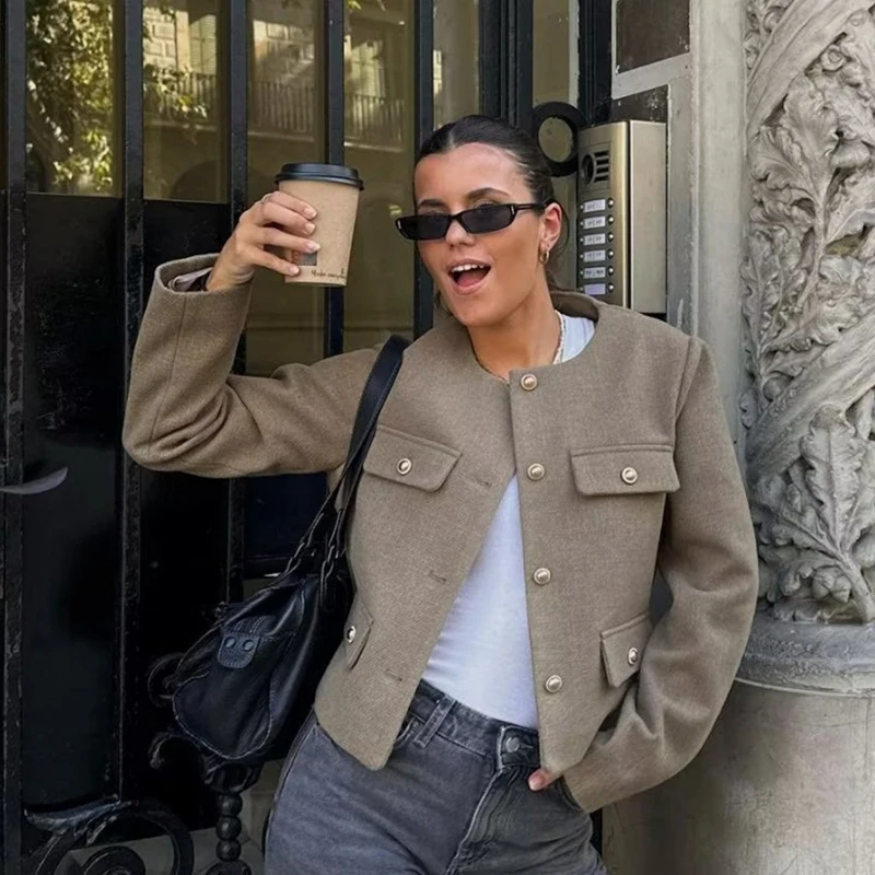 

Vintage Tweed Solid Coats Women Button Long Sleeve O Neck Pocket Ladies Jacket Autum Winter Elegant Female Casual Outerwear Tops