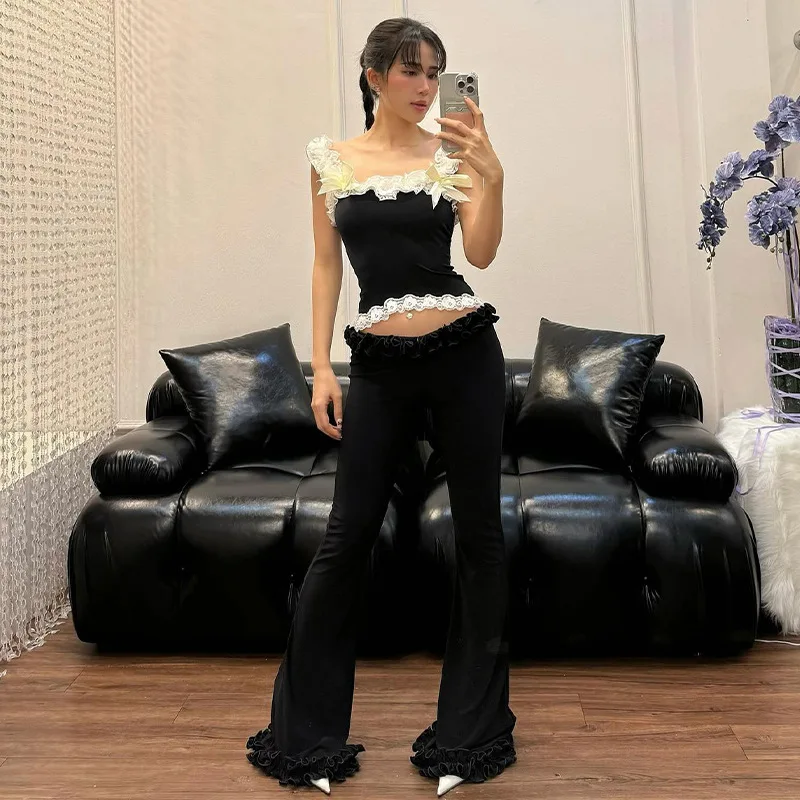 Women's Summer New Style American Sweet and Spicy Style Lotus Leaf Lace Slightly Spicy Fashion Solid Color Low Waist Pants