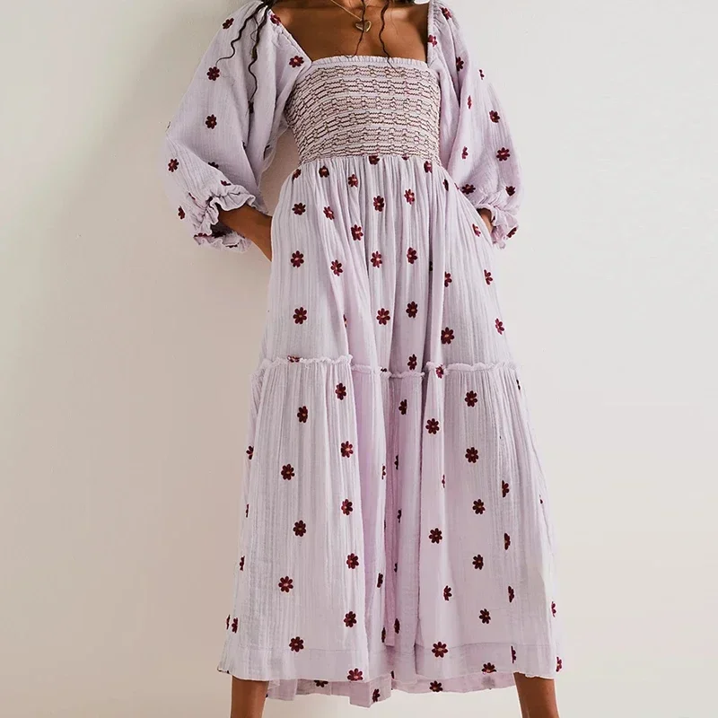 

Beach Style Holiday Ruffle Swing A Line Maxi Dress Bohemian Floral Dress Women Lady Square Neck Long Sleeve Club Party Dress