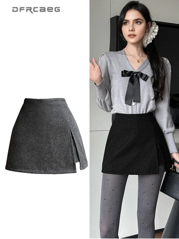 Autumn Winter Black Warm Woolen Skirts Shorts For Women High Waist Casual Thicken Slim Mini Pencil Skirts Lady