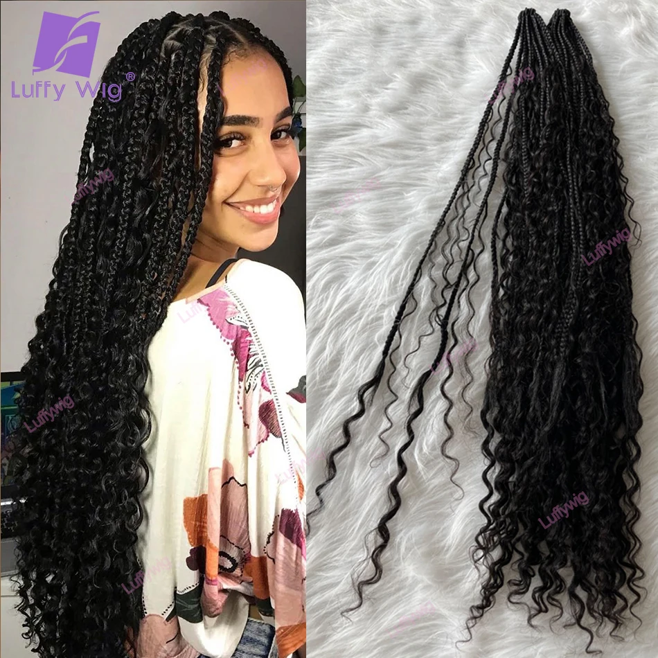 Trenzas bohemias sin nudos con rizos de cabello humano, trenzas de caja Boho de ganchillo de diosa, extensiones de cabello trenzado sintético preenrollado, Luffy