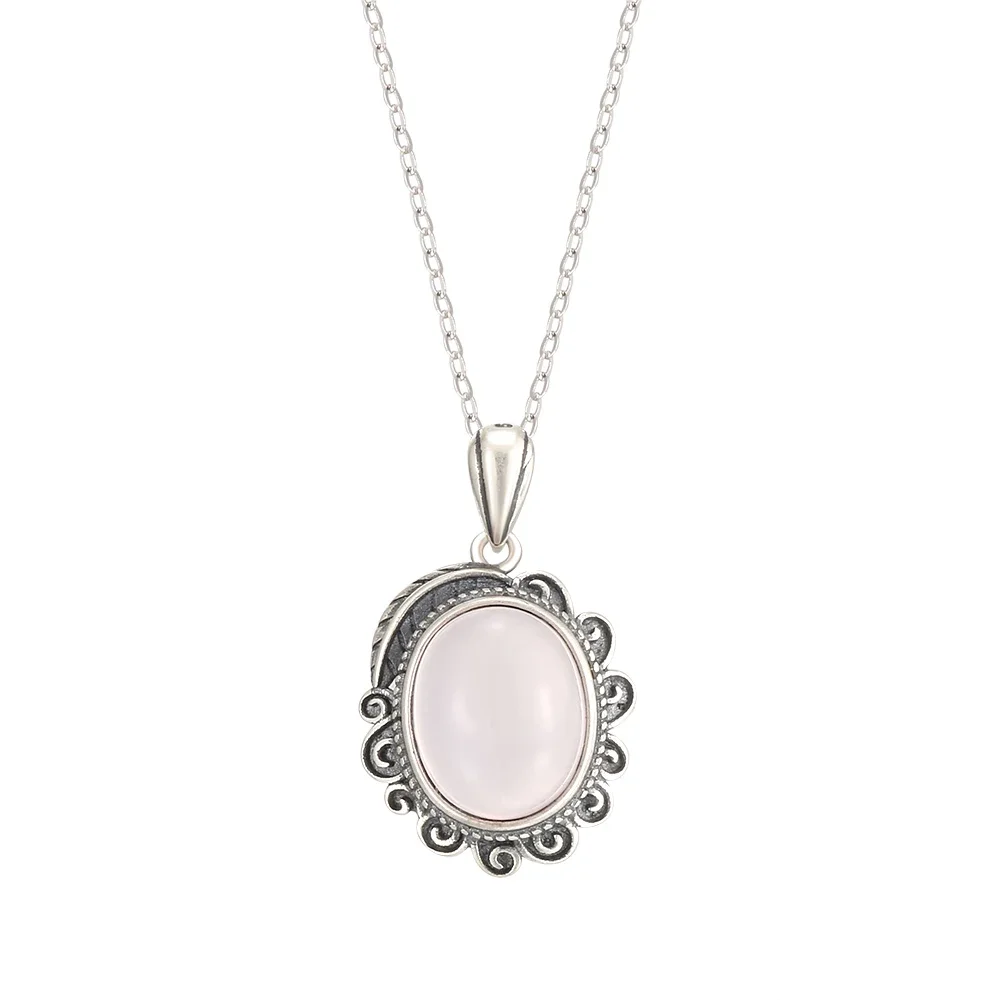 Natural Rose Quartz Pendant Necklace 11x9mm Oval Pink Crystal Sterling 925 Silver Chain Vintage Floral Handmade Boho Jewelry