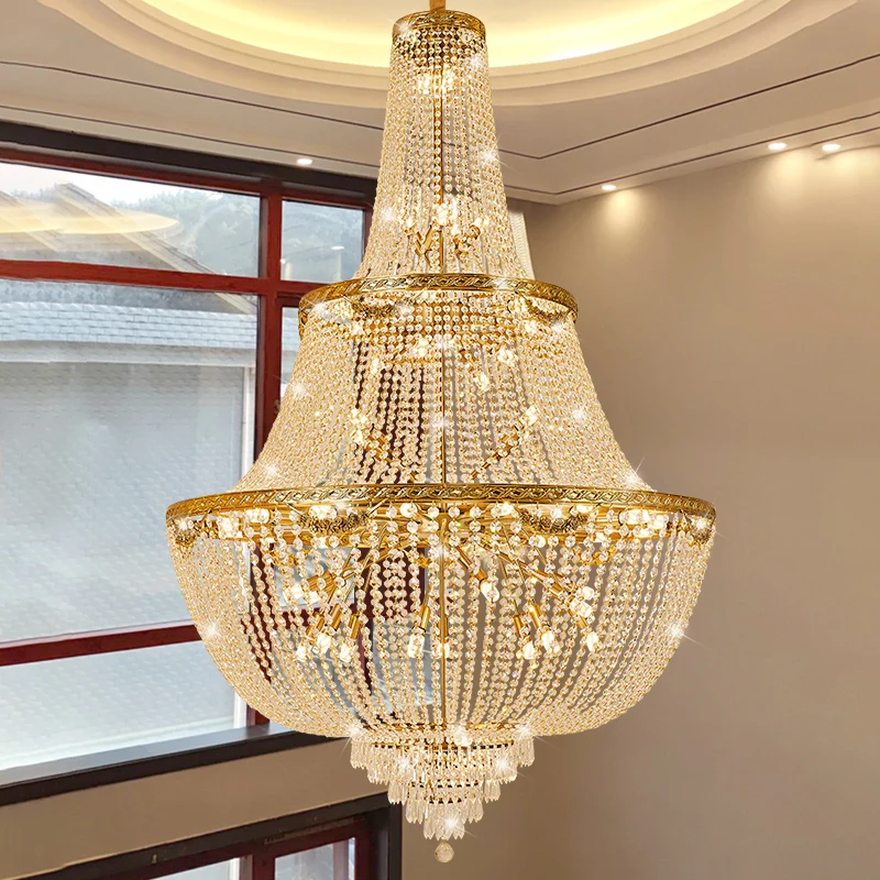 

Европейская винтажная хрустальная люстра, американское золото, современная роскошная вилла, гостиная, хрустальный светильник, высокий потолок, декоративное освещение
