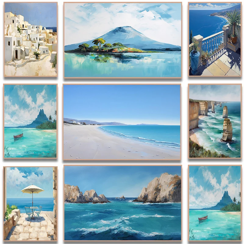 Modern Tropical Blue Sky Sea Beach Landscape Castle Sailing Ship Palm Posters Canvas Paintings Print for Living Room Home Dec