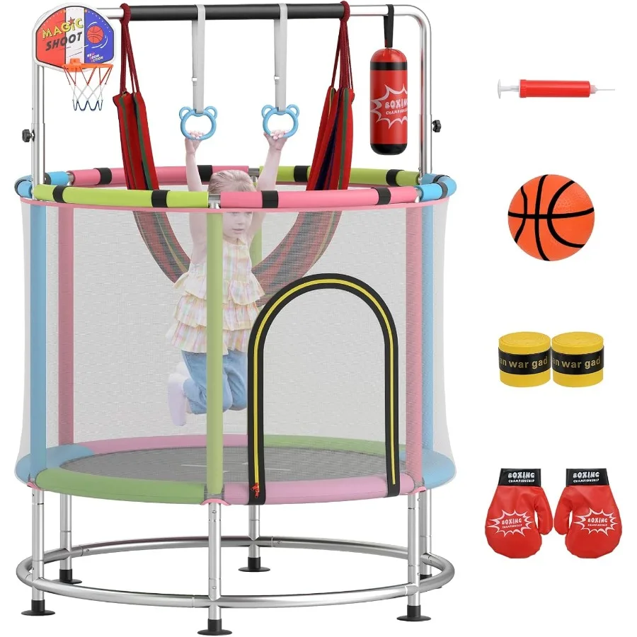 55 Zoll Kleinkind-Trampolin 6-in-1 Mini-Trampolin für bis zu 200 kg mit Hängematte, Basketballkorb, verstellbarer Turnstange und Ringen