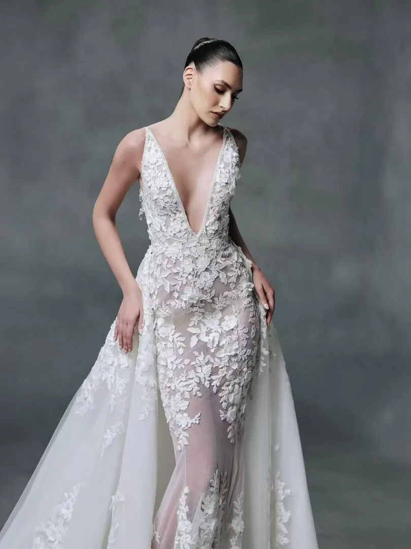 Customized Luxury Wedding Dress Amanda Novias Official New Design Strapless Elegant Bride Dress With Detachable Sleeves