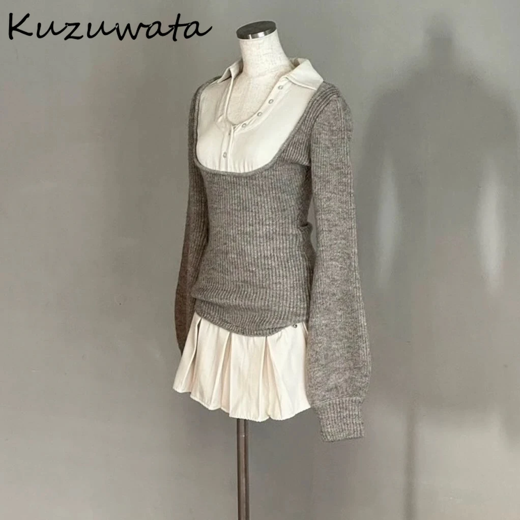 Kuzuwata Casual Office Lady Minority Pure Desire Dress Shirt Fake Two Pieces Knit Sweaters Japan Pleated Slim Waist Elegant Robe