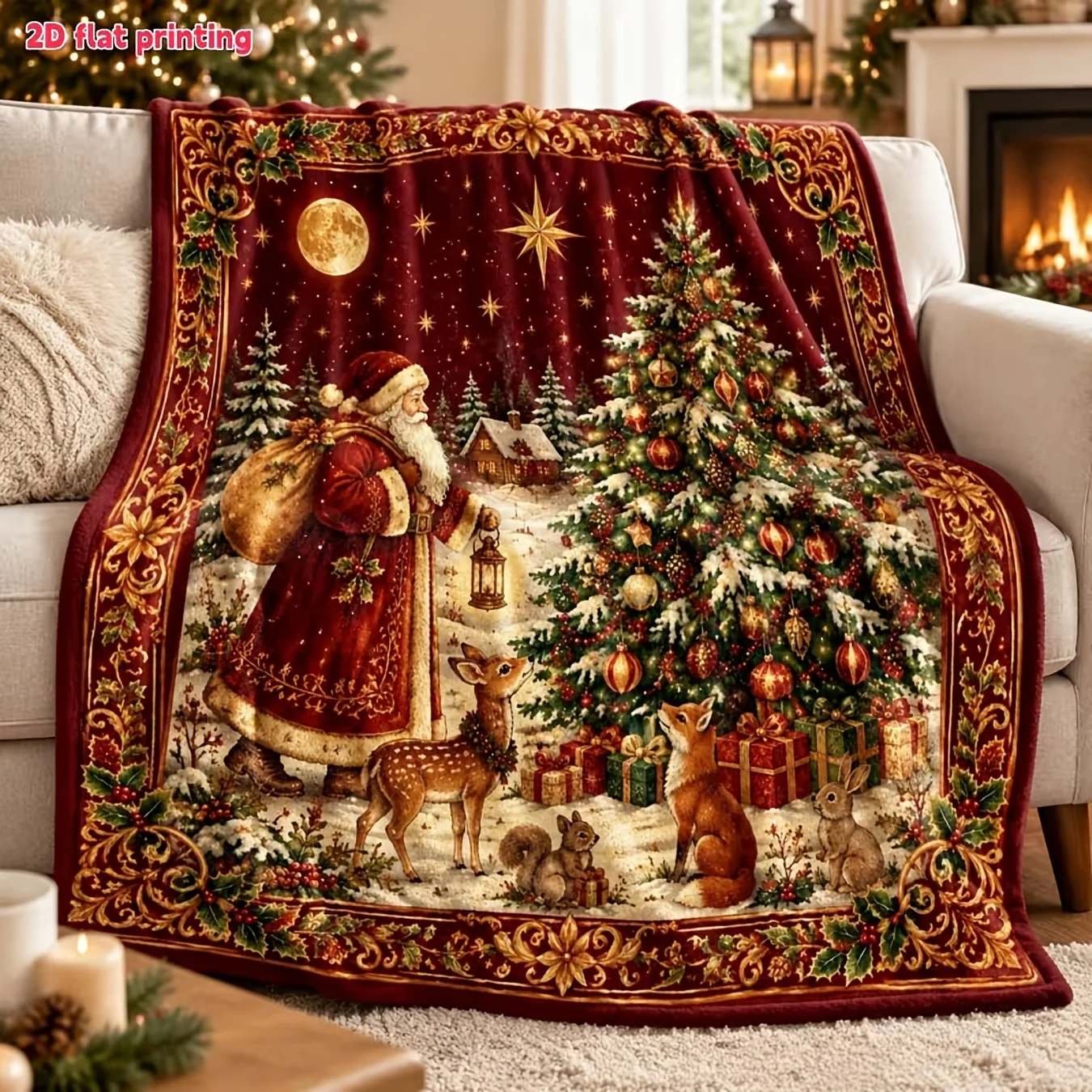 Santa Claus Christmas Scene Throw Blanket Cozy Holiday Xmas Decor Plush Throw for Sofa Bed