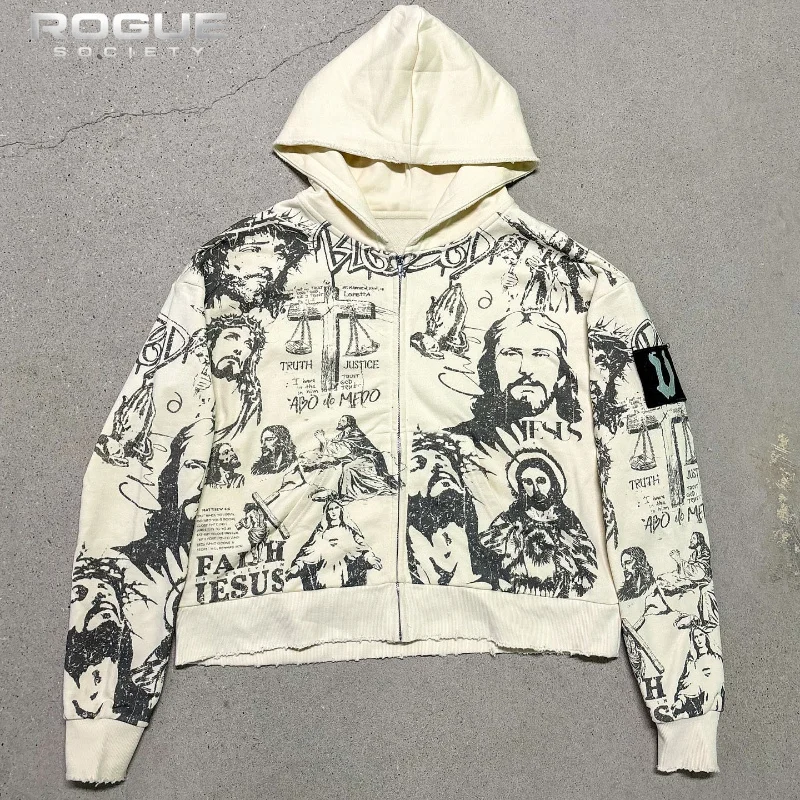 Vintage Streetwear Y2K Print Zip Hoodie Men Distressed Cropped Casual Harajuku Gothic Hip Hop High Street Sweatshirt Coat Unisex