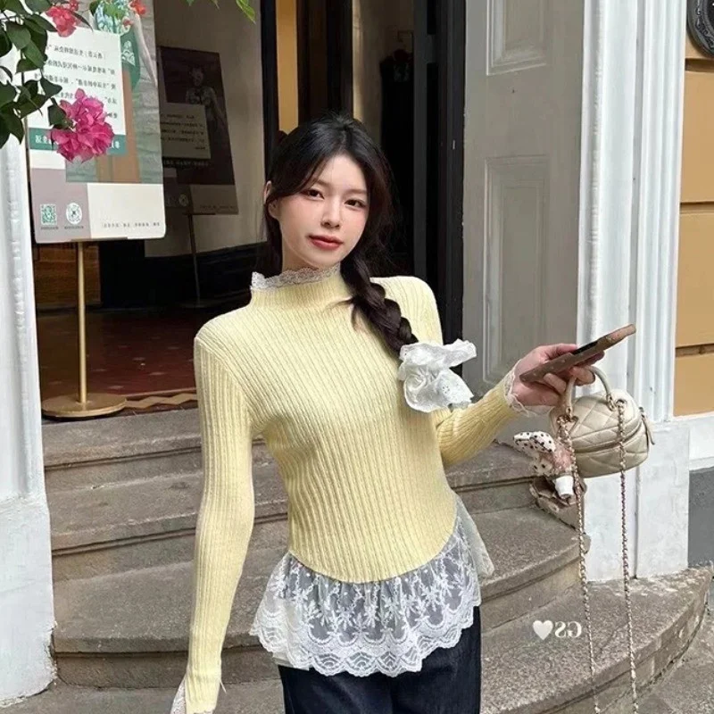 الدانتيل تقليم لصق محبوك سترة المرأة ربيع جديد f عالية طوق طويل Sve ملابس داخلية قاعدة irt الأعلى #2