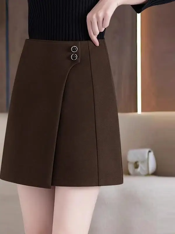 

Женская твидовая юбка с высокой талией, весенне-осенняя, кофейного цвета, прямого кроя, А-силуэт, укороченная, стройнящая, для офиса