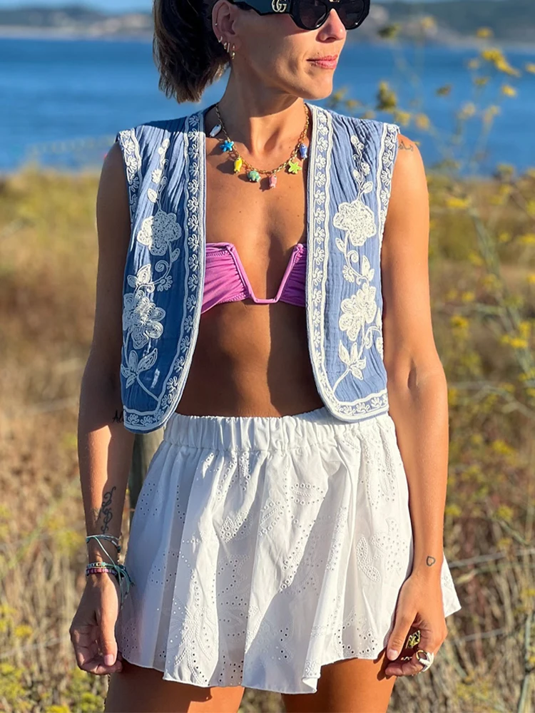 HH سترة نسائية عتيقة مطرزة بالزهور 2024 كاجوال بدون أكمام سترة بوهو مقصوصة صدرية ملابس خارجية فضفاضة #6