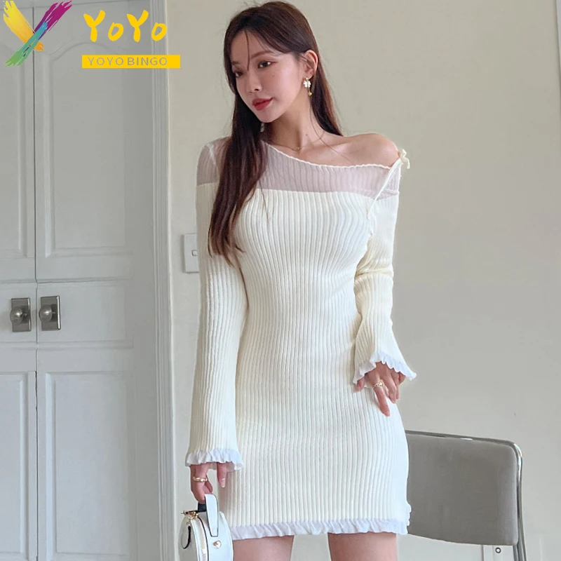 

White Knitted Flared Sleeve Ruffle Dress Autumn Winter Casual Dress Elegant Slim Bodycon Party Sweater Dress