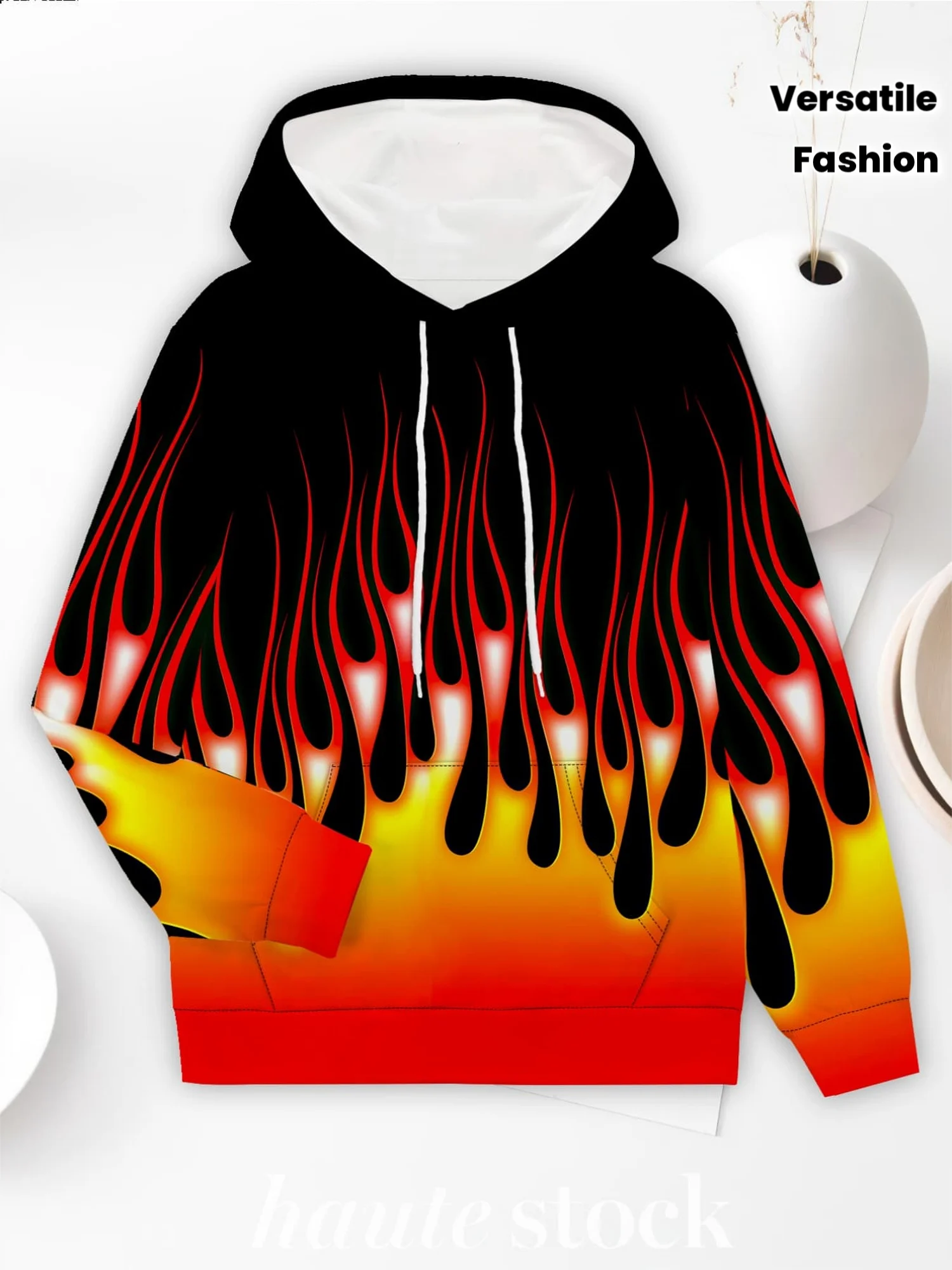 Men Gradient Red Orange Flame 3D Print Hoodie Classic Fire Graphic Long Sleeve Pullover Sweatshirt With Pocket