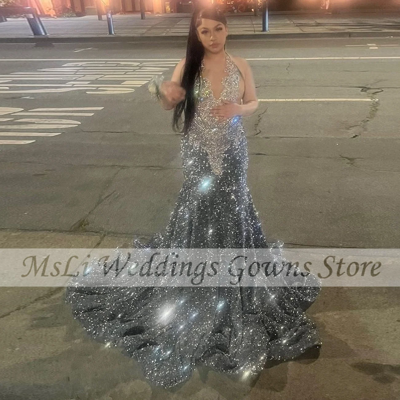 

Sparkly Silver Mermaid Prom Dress 2024 Sequined Crystal Beading Long Evening Dresses Pageant Gown Vestidos De Novia