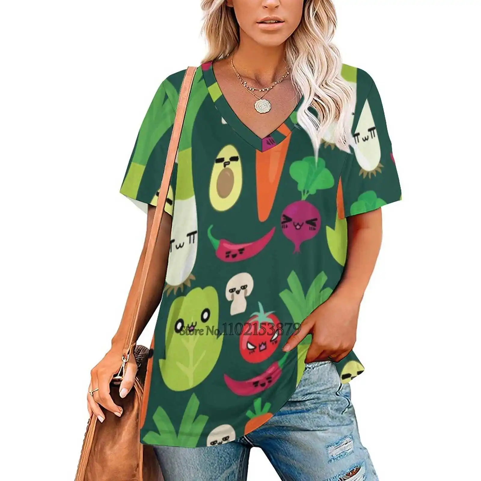 Emotional Veggies Women's Clothing V-Neck Tops Zipper Tee Ladies Casual Sexy T-Shirt Japanese Japanese Veggies Cute Kawaii