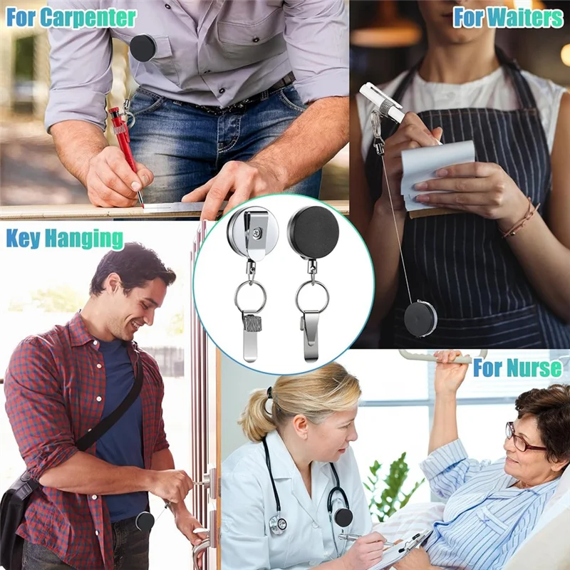 4 قطع قابلة للسحب، حامل قلم رصاص فضي وأسود من الفولاذ المقاوم للصدأ، حبل قلم عالمي قابل للسحب مع مشبك حزام