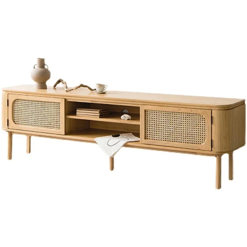 

Solid wood rattan TV cabinet small apartment living room floor cabinet integrated against the wall log wind storage cabinet