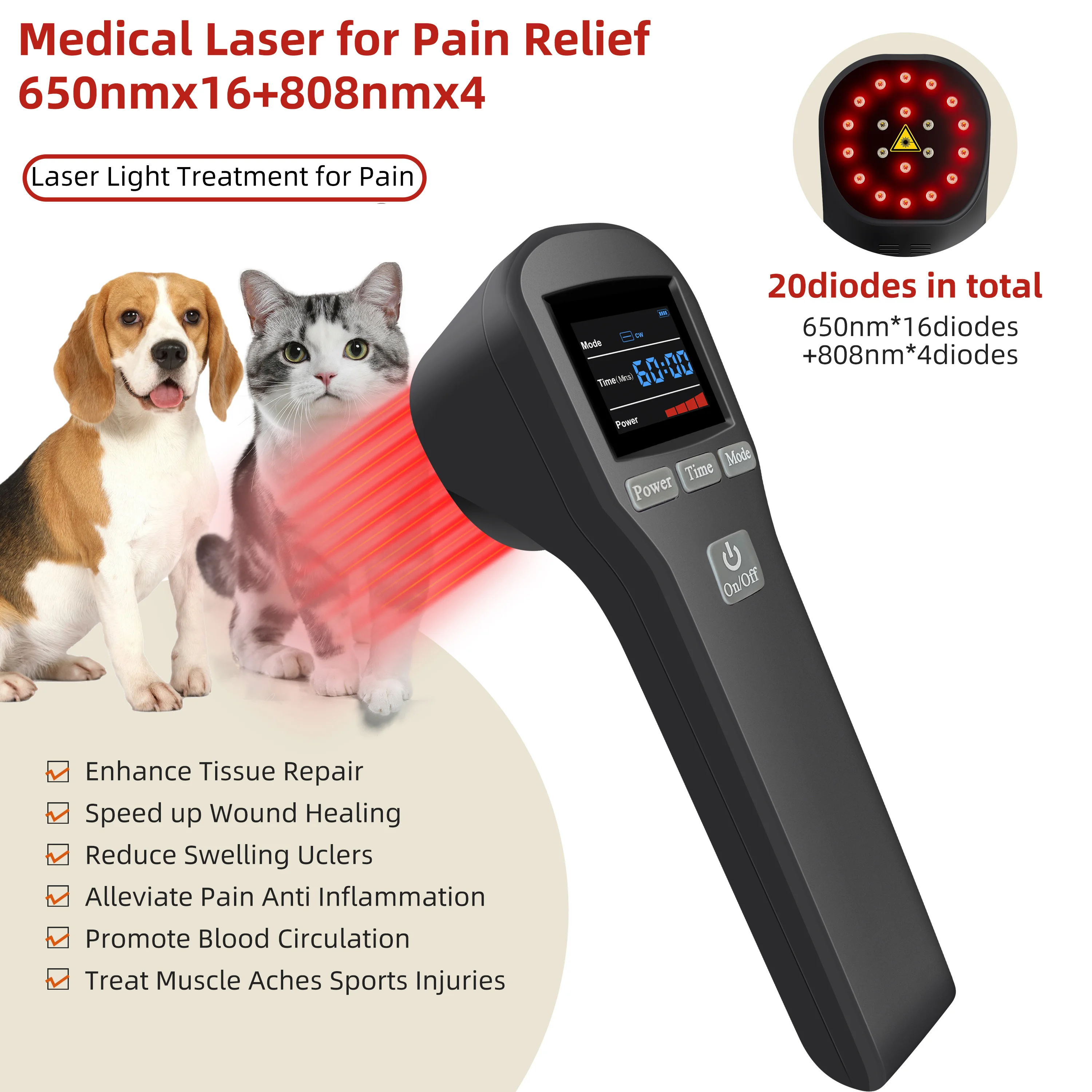 

Красный и инфракрасный свет, устройство для заживления ран, холодный лазер, 650 нм, 808 нм, холодный лазер, физиотерапия для облегчения боли в человеках и домашних животных, 880 мВт