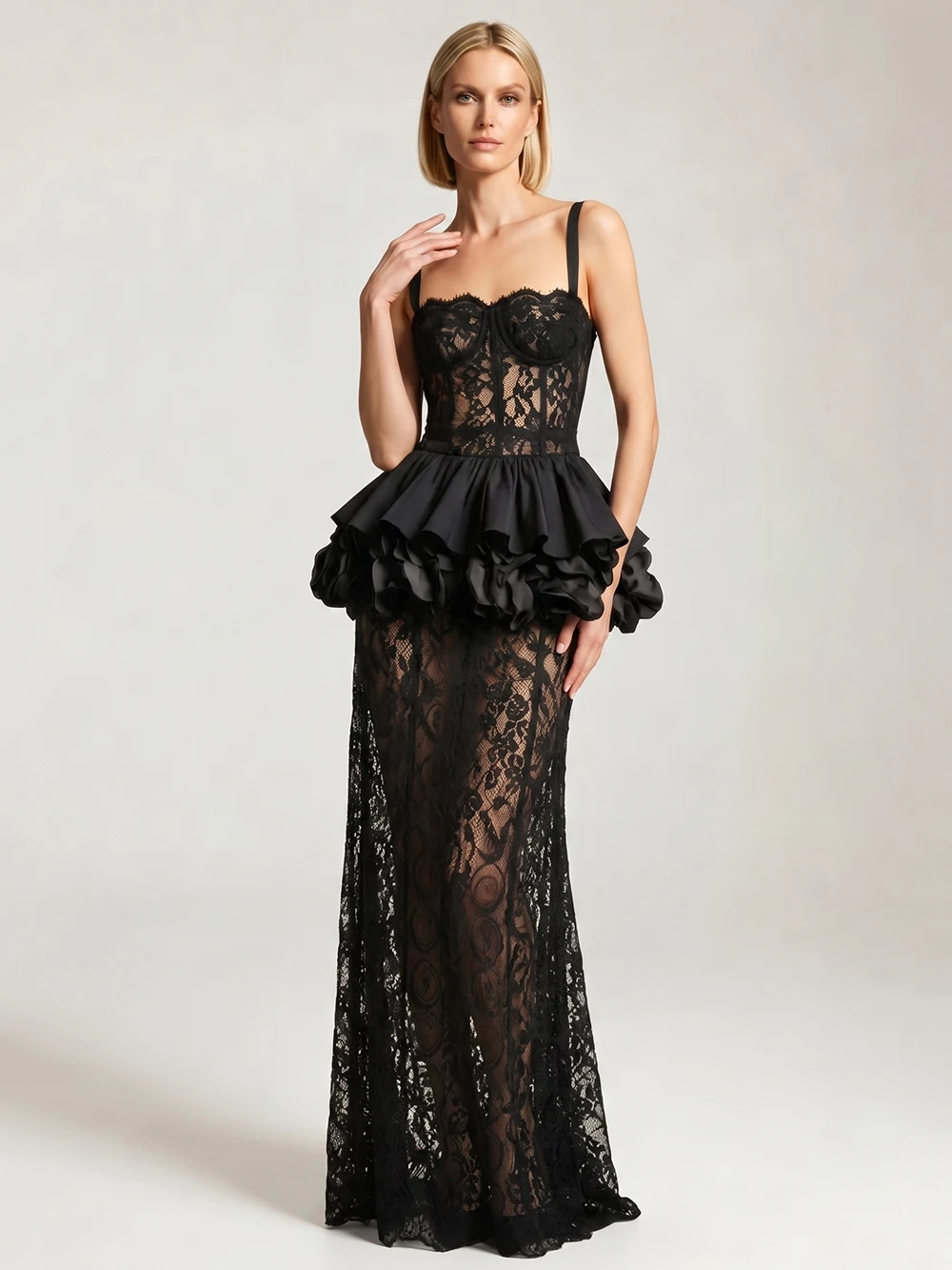 Modphy Elegant Black Lace Long Dress for Women Spaghetti strap Spliced Lace Corset Top Sleeveless Dress Set Female