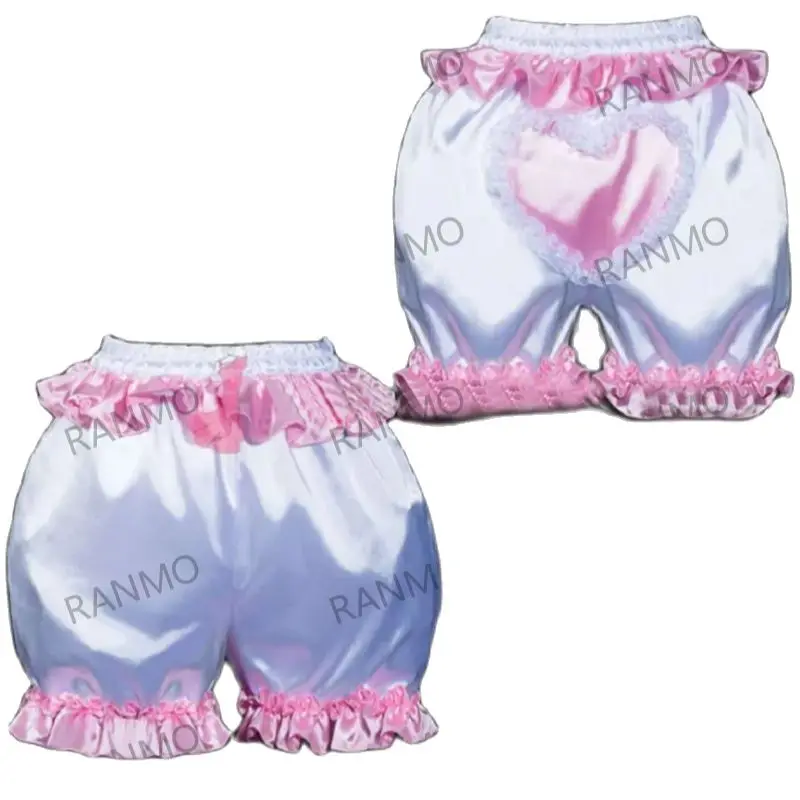 Sissy Satin Shorts Bloomers Pleated Lace Elastic Waistband Pink Panel Cute Heart Shaped Decoration Inlaid Lace Cross Dresser