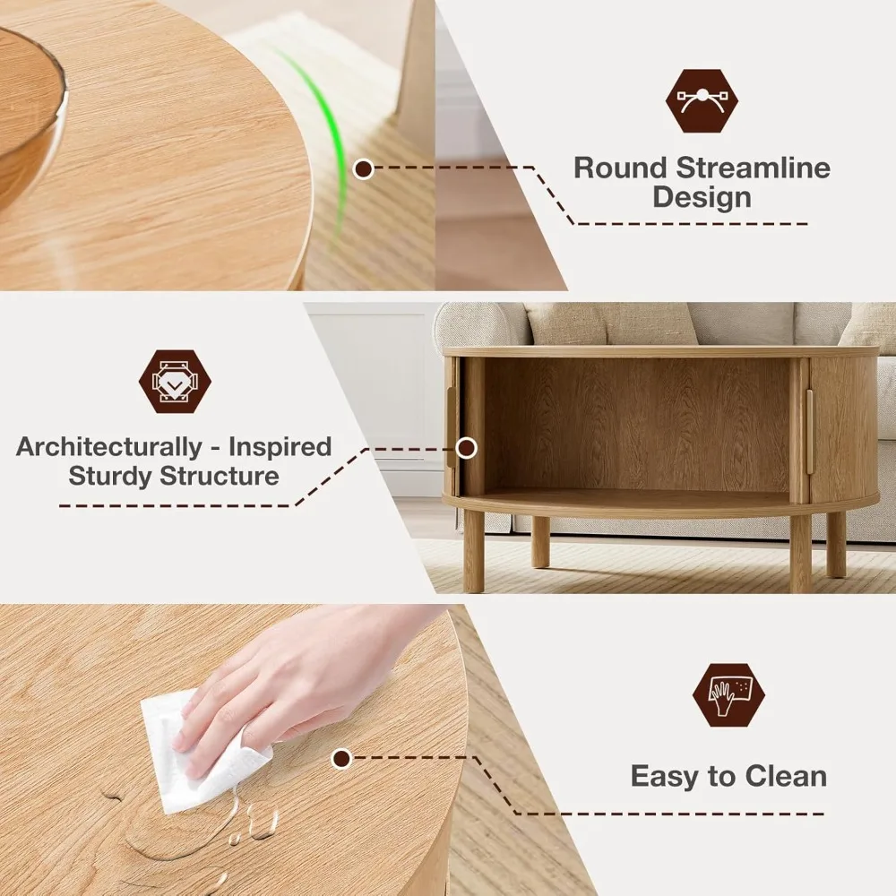 طاولة قهوة لغرفة المعيشة، طاولة قهوة مستديرة حديثة مع خزائن وأبواب منزلقة، مساحة صغيرة للمنزل، علامة تبويب مركزية مخددة 29.9 بوصة