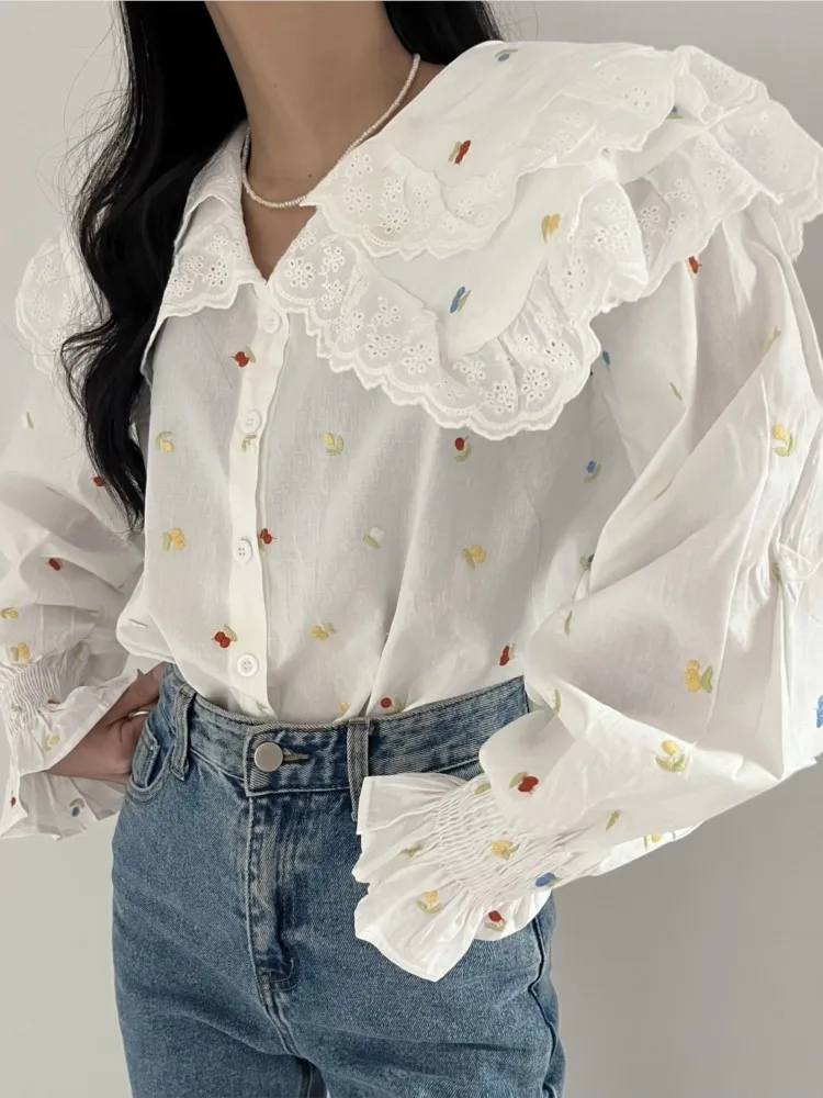 Spring Shirts Tops Women Print Embroidery Fashion Casual Loose Korean Style Pleated Ladies Blouses Long Sleeve Woman Shirts Tops