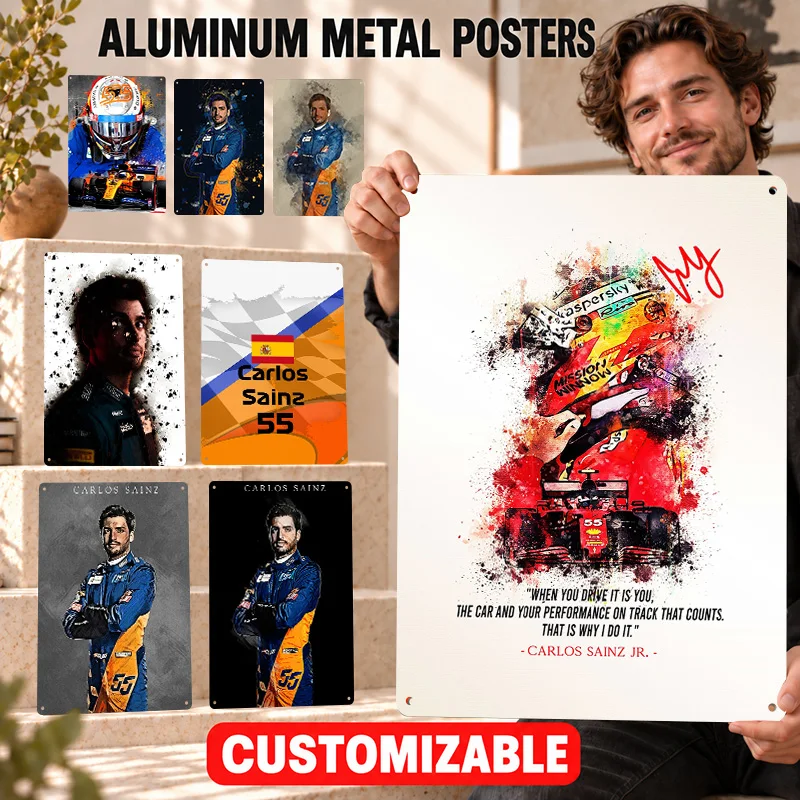 Carlos Sainz Spanish Race Car Driver Printed Posters Personalized Aluminum Metal Sign Wall Art For Garage, Bedroom Or Man Cave